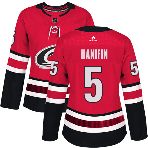 Adidas Hurricanes #5 Noah Hanifin Red Home Authentic Women's Stitched NHL Jersey